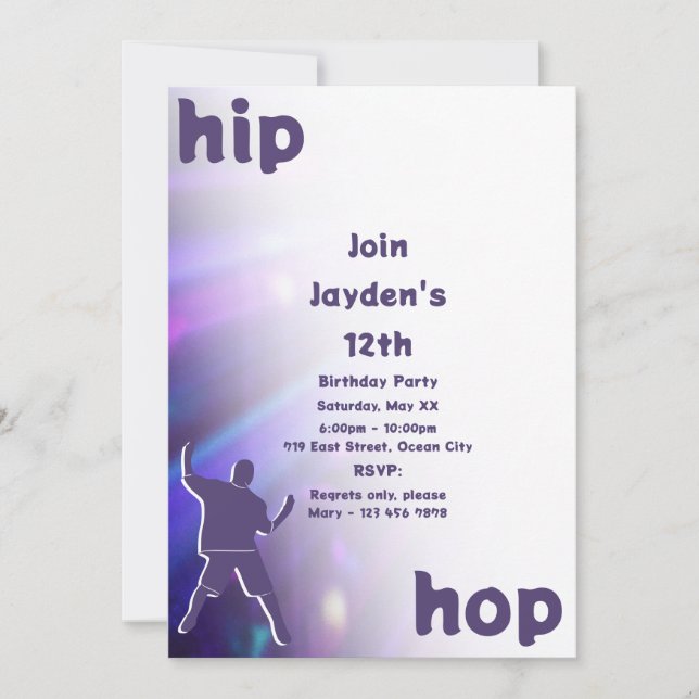Danza de Hip-Hop morado Invitación a los 12 años (Anverso)