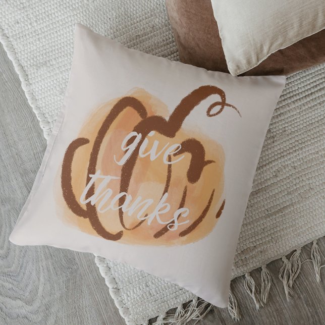Dar las gracias Cojín decorativo de calabaza acuát (Give Thanks Fall Watercolor Pumpkin Thanksgiving Throw Pillow)