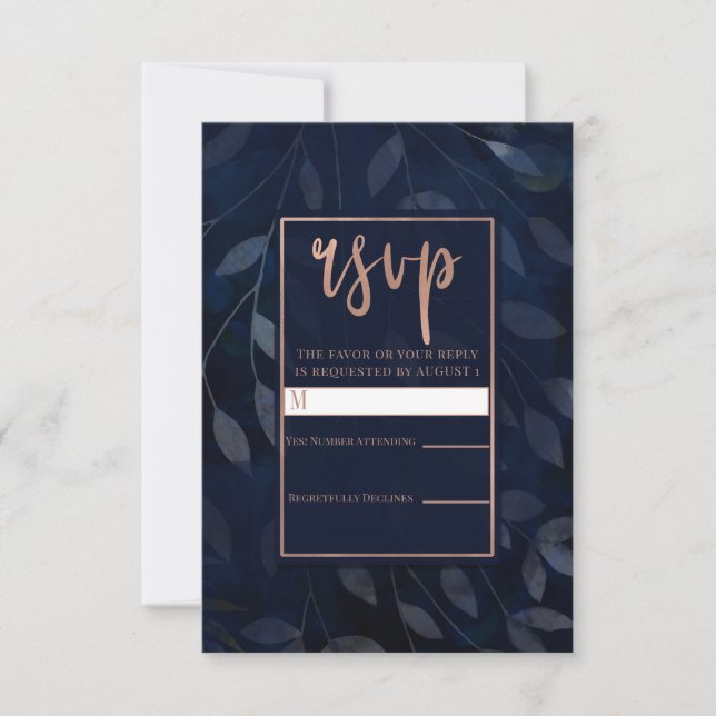 Dark Blue Botanical Leaves Rosa Boda de Oro RSVP (Anverso)