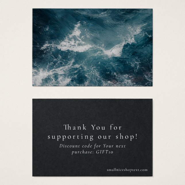 Dark blue ocean shop thank you card with discount (Anverso y reverso)