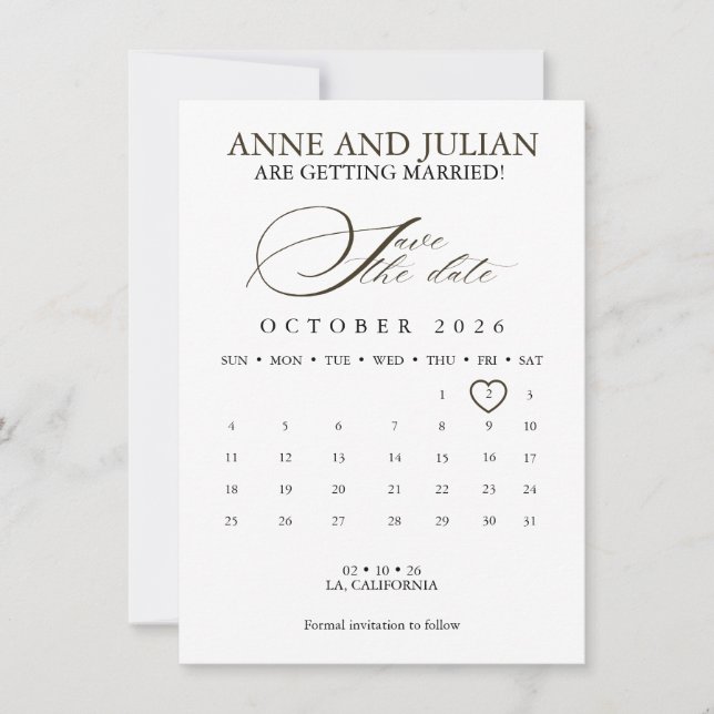 Dark Brown Save the date card calendar & photo (Anverso)