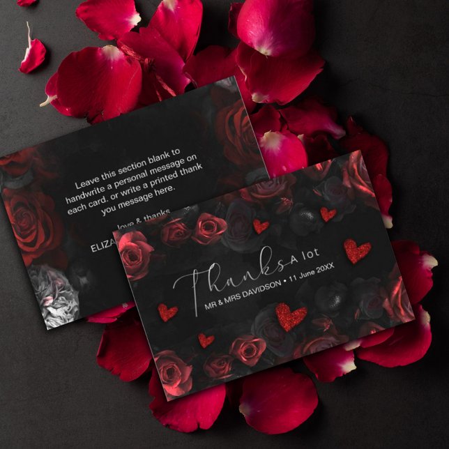Dark Moody Black Red Florals Gracias Tarjeta (Dark Moody Black Red Florals thank you card #darkmoody #roses #zazzlemade #redandblack #message)
