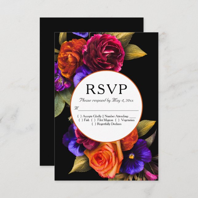 Dark Moody Boda Floral Otoño RSVP (Anverso / Reverso)