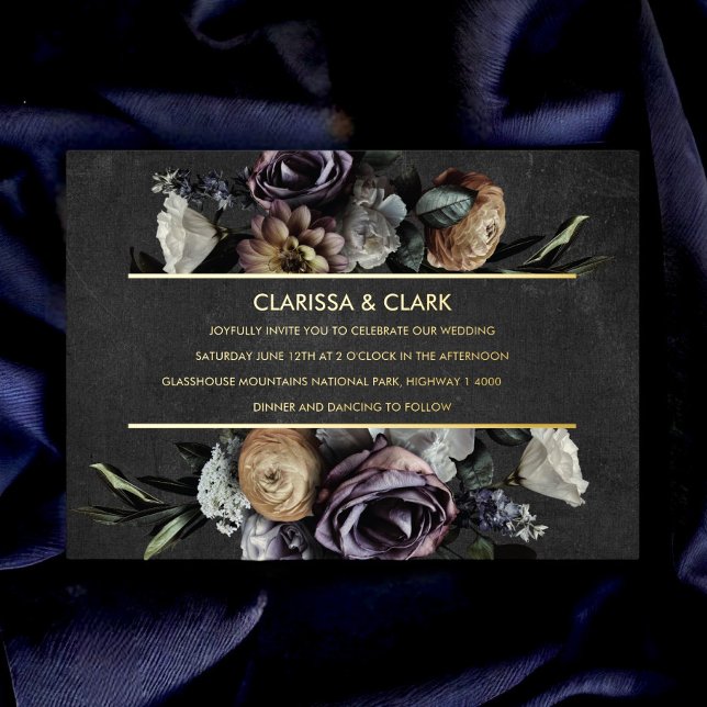 Dark Moody Bold Boda Floral Dorado Invitación Reli (Subido por el creador)