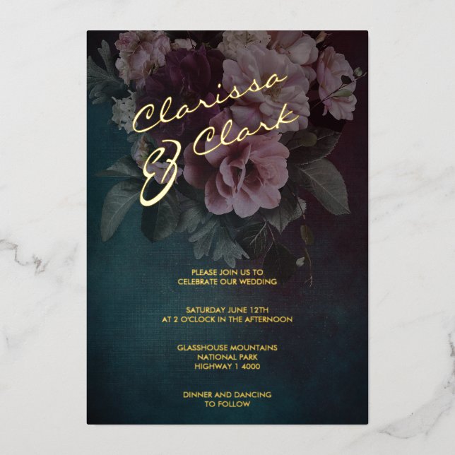 Dark Moody Bold Boda Floral Dorado Invitación Reli (Anverso)
