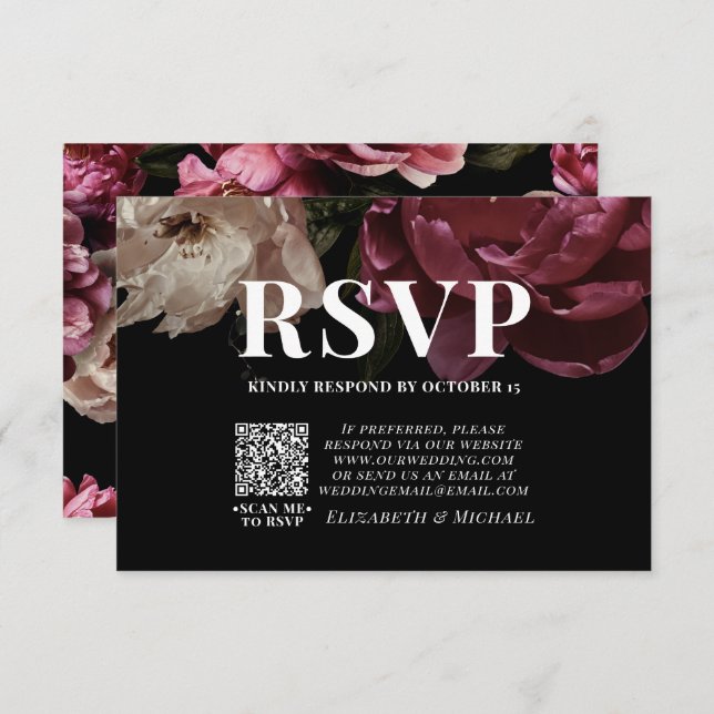 Dark Moody Rubor Burgundy QR Boda de código RSVP (Anverso / Reverso)
