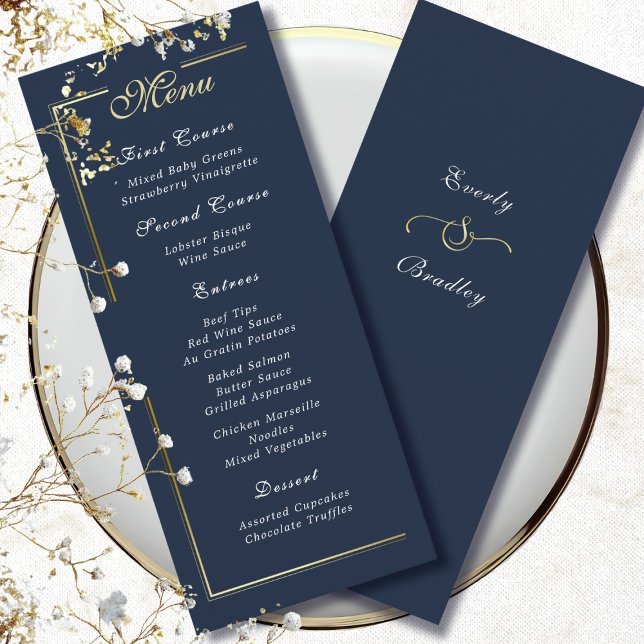 Dark Navy Blue Gold Frame White Script Menu Choice (Subido por el creador)
