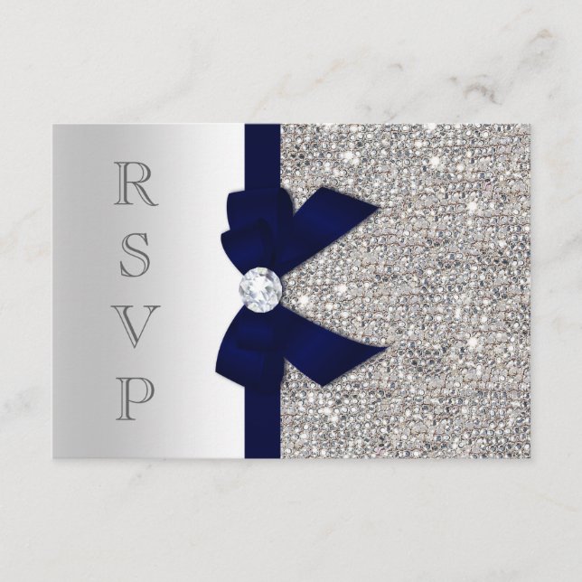 Dark Navy Faux Bow Silver Secuencia Diamante RSVP (Anverso)