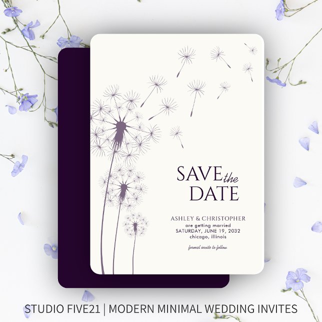 Dark Purple Dandelion Wedding Guardar la tarjeta d (Subido por el creador)
