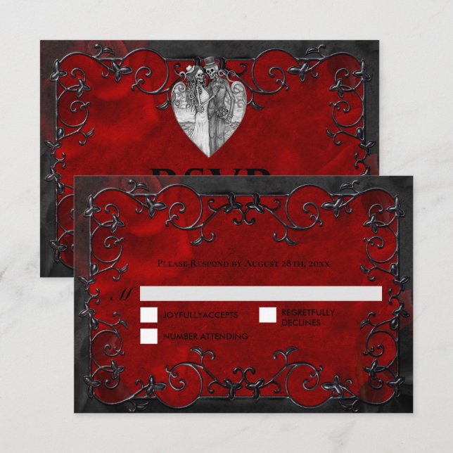 Dark red Gothic Halloween Wedding RSVP Card (Anverso / Reverso)