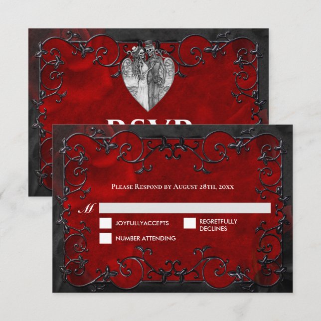 Dark red Gothic Halloween Wedding RSVP Card (Anverso / Reverso)