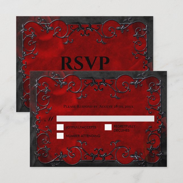 Dark red Gothic Halloween Wedding RSVP Card (Anverso / Reverso)