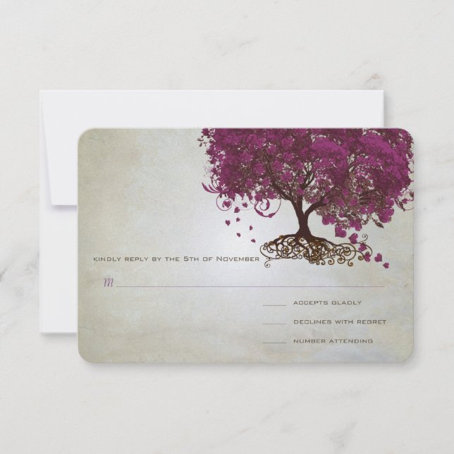 Dark Sangria Heart Leaf Tree Wedding RSVP (Anverso)