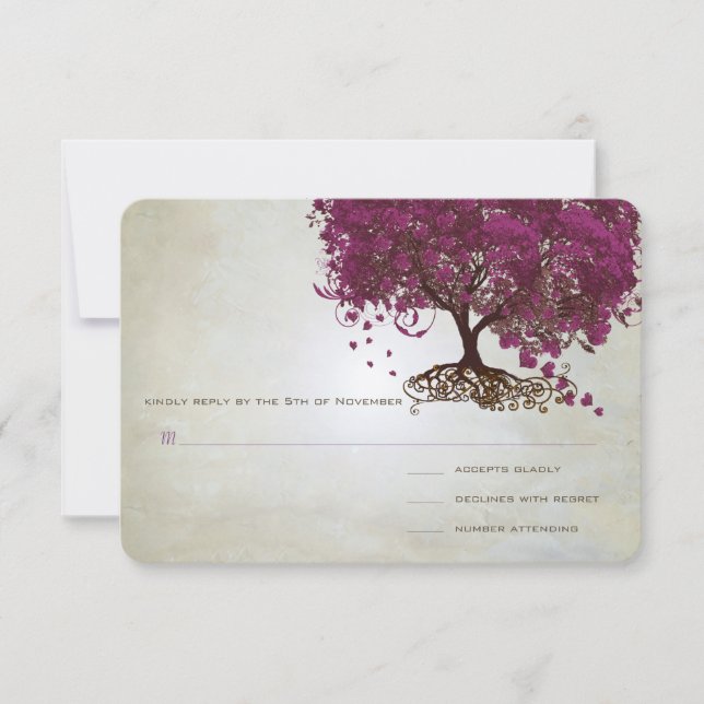 Dark Sangria Heart Leaf Tree Wedding RSVP (Anverso)