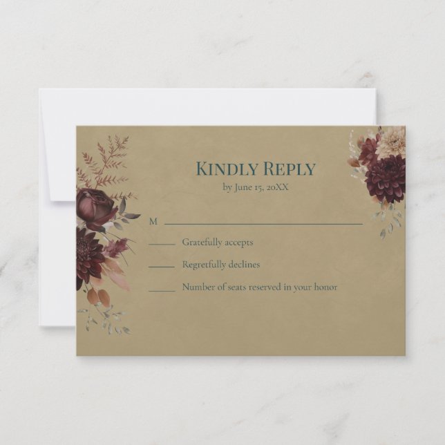 Dark Teal Floral Gothic RSVP Card (Anverso)