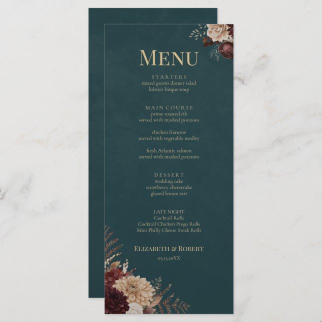 Dark Teal Floral Gothic Wedding Menu (Anverso / Reverso)