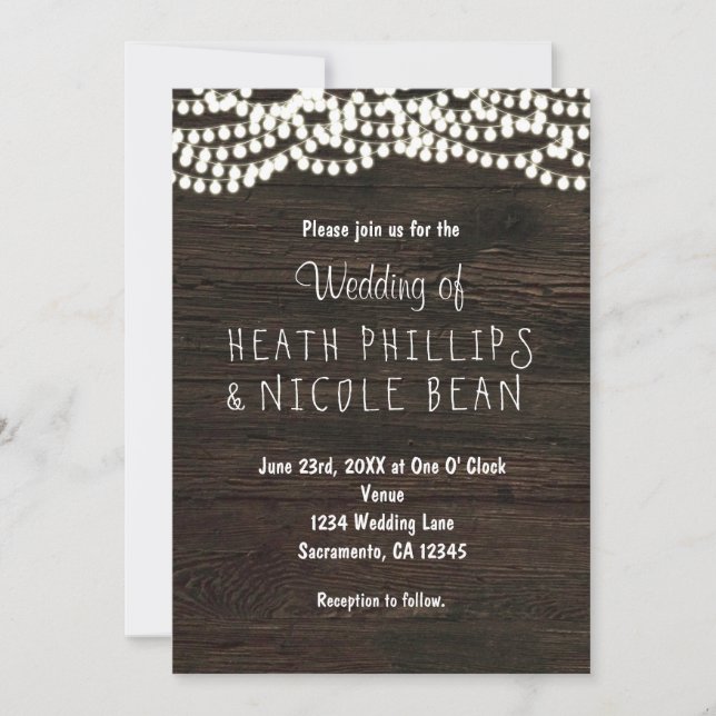Dark Wood Rustic String ilumina invitaciones de ma (Anverso)