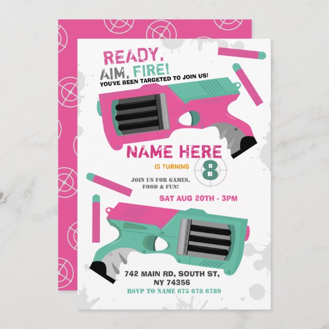 Dart Gun Fun Aim Shoot Chicas Invitación al cumple (Anverso / Reverso)