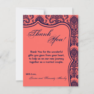 De Agradecimiento 4x5 FLAT Gracias Tarjeta Naval Azul Cora Damask La