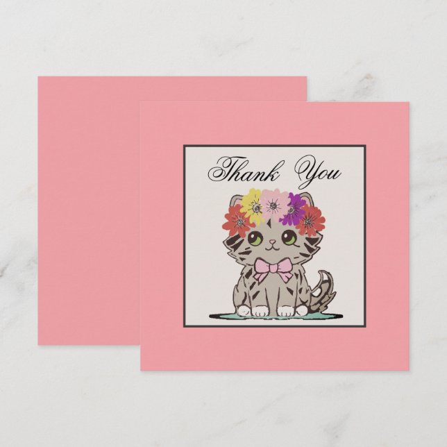 De Agradecimiento Adorable Whimsical Gray Kitty Flat Gracias Tarjeta (Anverso / Reverso)