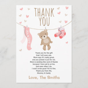 De Agradecimiento Baby Shower Gracias Tarjeta Teddy Bear chica rosa