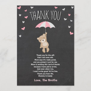 De Agradecimiento Baby Shower Gracias Tarjeta Teddy Bear Cubo Rosa