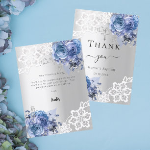 De Agradecimiento Baptism plata azul floral lace boy gracias tarjeta