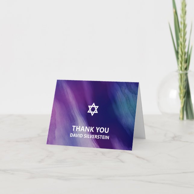 De Agradecimiento Bar moderno Tarjeta Mitzvah Purple Blue (Anverso)