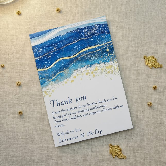 De Agradecimiento Boda Blue and Gold Watercolor Gracias tarjeta (Blue and Gold Watercolor Wedding Thank You card.)