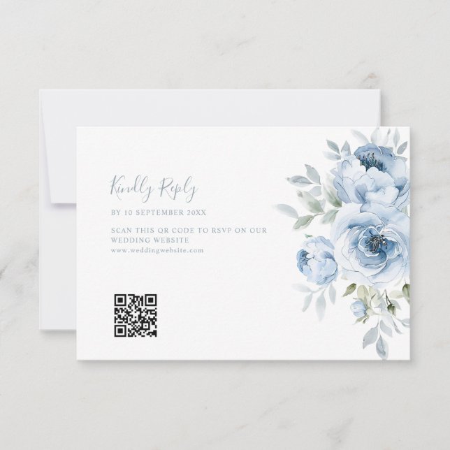 De Agradecimiento boda floral azul polvoriento código QR tarjeta RSV (Anverso)