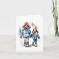 Dos niñas caminando en la Nieve. Tarjeta en blanco