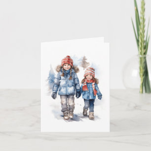 De Agradecimiento Dos niñas caminando en la Nieve. Tarjeta en blanco