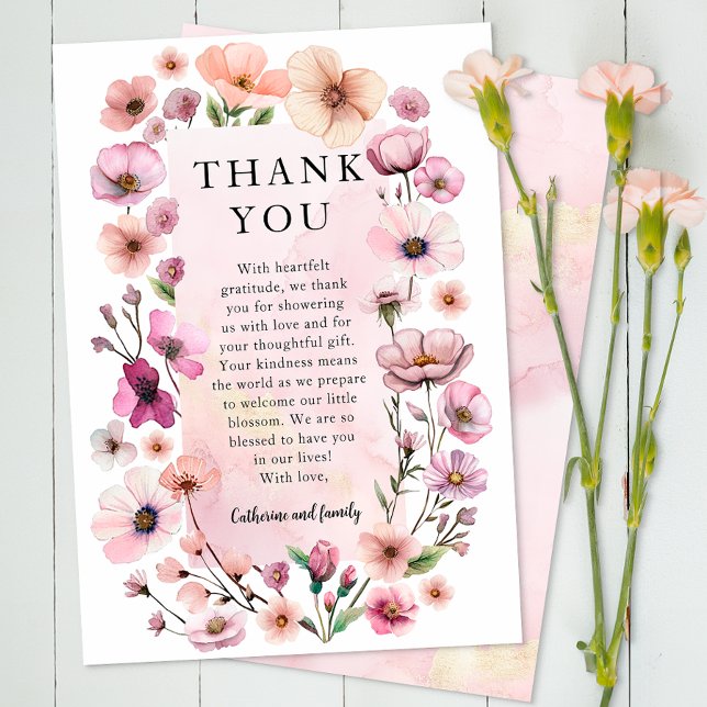 De Agradecimiento Duste Pink Wildflower Gracias Tarjeta - Boho Water (Floral Thank You Flat Card)