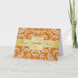 De Agradecimiento Elegante Naranja Monograma Dorado Damask Tarjeta d