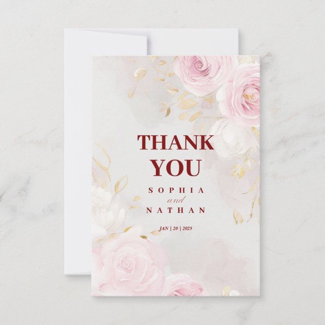 De Agradecimiento Elegante Rosa Rosa Rosa Y Oro Gracias Tarjeta Boda (Anverso)
