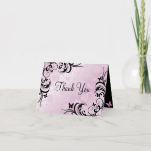 De Agradecimiento Flor y mariposa rosada y negra Gracias tarjeta