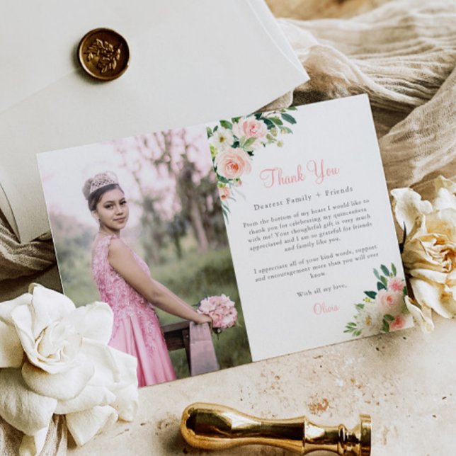 De Agradecimiento Floral rosa Quinceañera Gracias Tarjeta 3 Fotos (Subido por el creador)