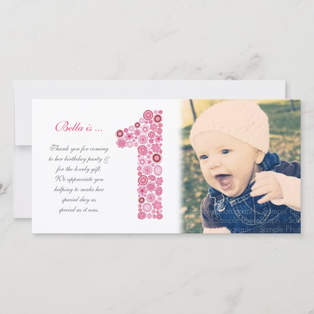 De Agradecimiento Niñas bebé primer cumpleaños Tarjeta fotográfica d (Anverso)