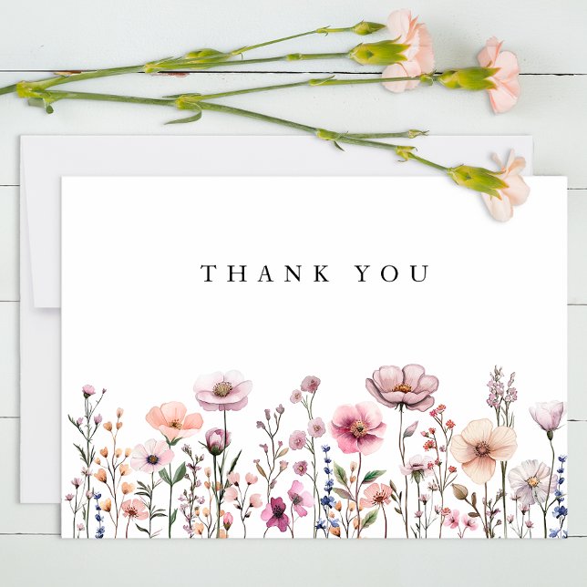 De Agradecimiento Pastel Pink Wildflower Gracias Tarjeta - Dusty Bot (Wildflower Thank you Flat Card)