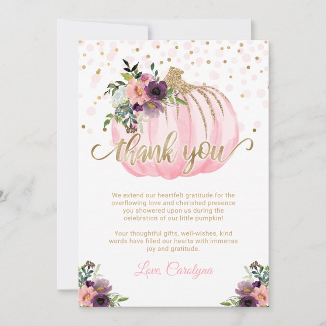 De Agradecimiento Pequeña Calabaza Baby Shower Gracias Tarjeta 5x7 (Anverso)