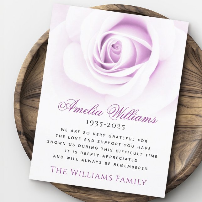 De Agradecimiento Púrpura rosa floral solidaridad funeraria tarjeta  (Purple rose floral funeral sympathy thank you card)