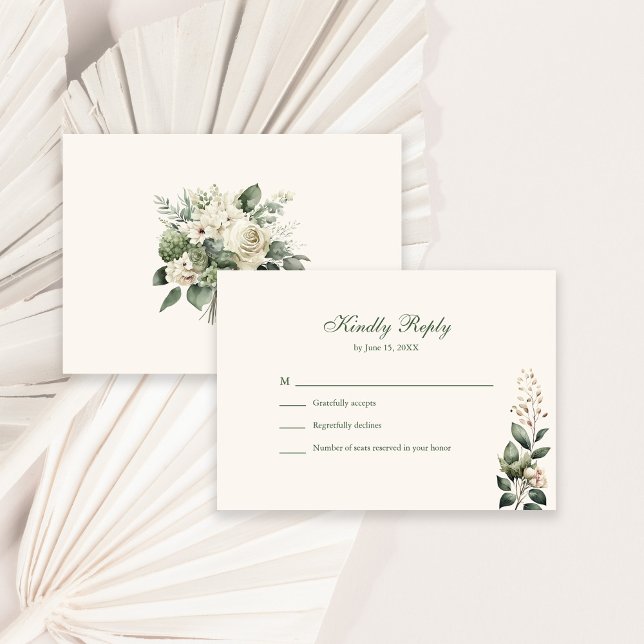 De Agradecimiento Sage Green & Ivory Wildflowers Boda Tarjeta RSVP (Sage Green & Ivory Wildflowers Wedding RSVP Card on a sunny white table with dry palm leaf.)