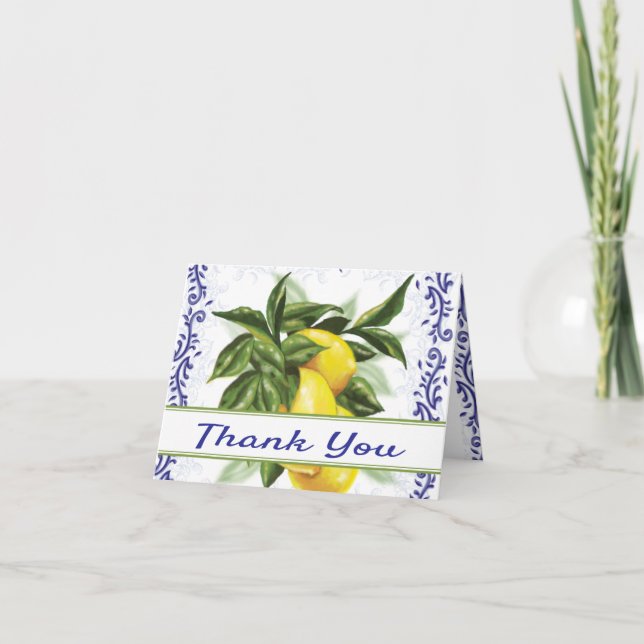 De Agradecimiento Tarjeta Blue Toile Lemons Personalizada (Anverso)