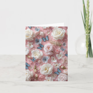 De Agradecimiento Tarjeta en blanco con fondo rosa, mariposas y flor
