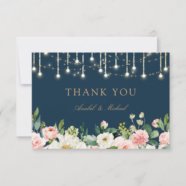 De Agradecimiento Tarjeta Floral Rubor Navy String Lights (Anverso)
