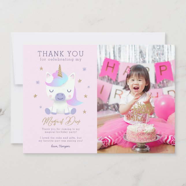 De Agradecimiento Tarjeta fotográfica Unicorn Birthday (Anverso)