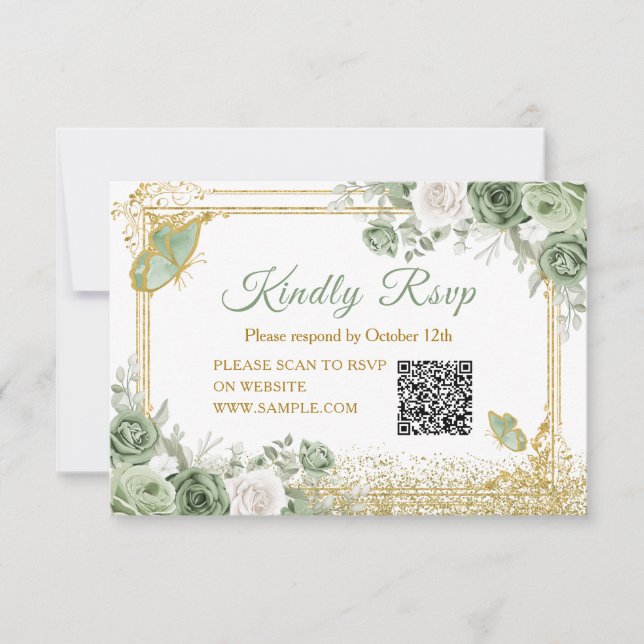 De Agradecimiento Tarjeta Quinceañera Sage Green Crown QR Rsvp Gold (Anverso)