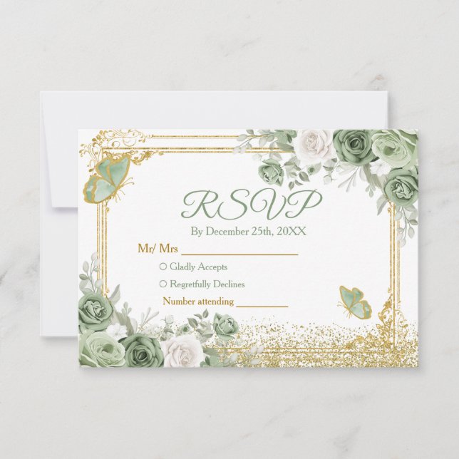 De Agradecimiento Tarjeta Rsvp Gold Quinceañera Sage Green Crown (Anverso)