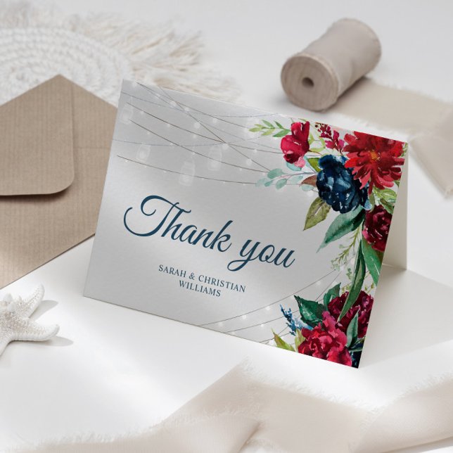 De Agradecimiento Tarjeta Rustic Burgundy Naval Floral Lights (Subido por el creador)