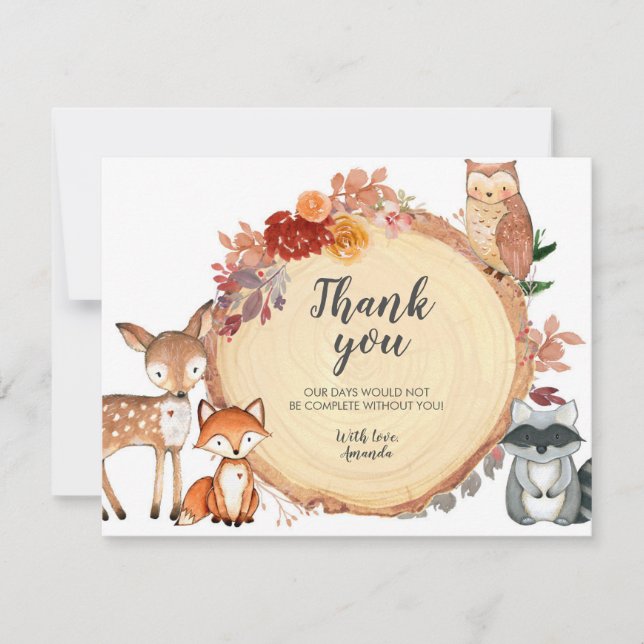 De Agradecimiento  Tarjeta Rustic Woodland Floral Animales (Anverso)
